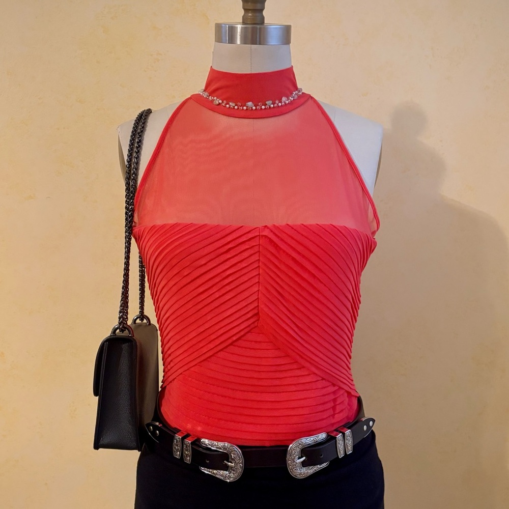 New Coral Mesh & Pleated Halter Top